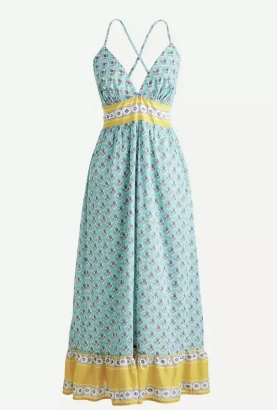 J. Crew Beach Criss Cross V Neck Maxi Sundress Dress Green Yellow Large